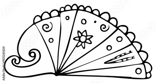 Ornate Hand Fan Drawing with Decorative Patterns and Swirls