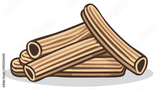 Pile of uncooked whole wheat rigatoni pasta tubes stacked at odd angles on flat surface