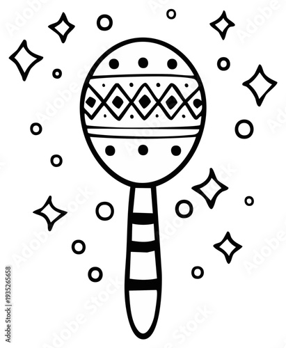 Hand drawn line art of a maraca with decorative patterns and sparkling stars