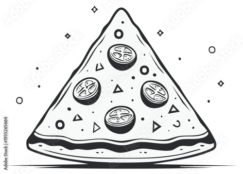 Artistic illustration of a triangular pizza slice with tomato toppings and abstract shapes