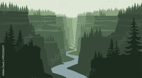 A calm, serene river winds through a deep canyon with steep cliffs and lush green forests in a minimalist, flat vector illustration style ideal for travel or nature content.