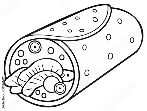 Black and White Cartoon Illustration of a Delicious Burrito with Shrimp and Vegetables