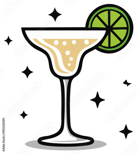 Cartoon Margarita Cocktail with Lime and Sparkling Stars