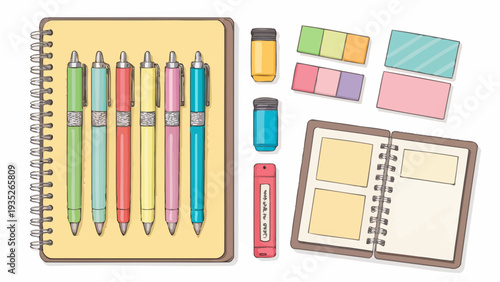 Colorful stationery set with notebooks and pens for creative projects