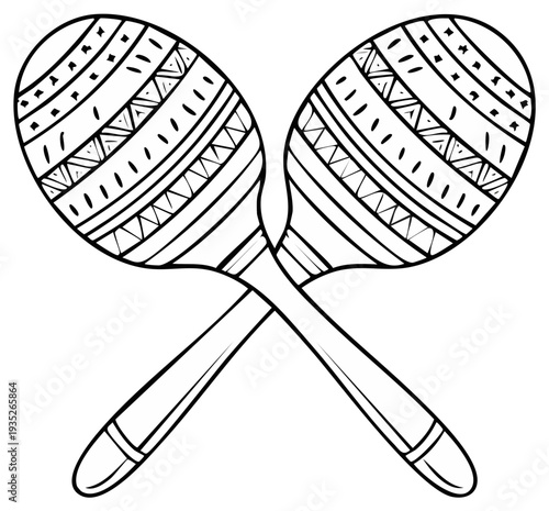 Black and White maracas with ethnic geometric patterns. Sketch of Latin American musical instruments. Rattle percussion for coloring book.
