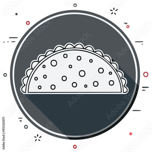 Simplified Flat Icon of a Half-Circle Empanada with Circular Fillings Displayed on a Stylized Decorative Plate