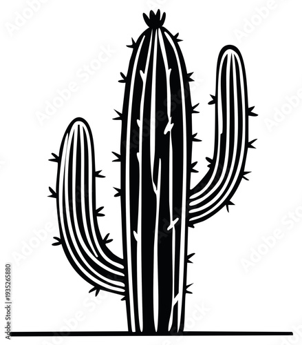 Bold black and white illustration of a stylized cactus plant with sharp spines and striped texture.