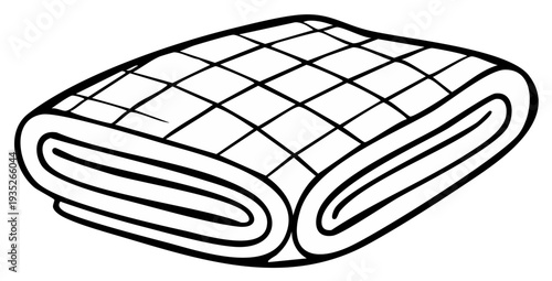 Folded blanket illustration, rolled edge, quilted pattern in black and white