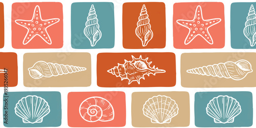 Colorful seamless pattern with white line art seashells and starfish on colorful geometric rectangles vector illustration.