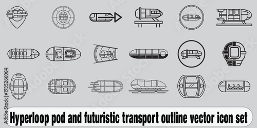 Hyperloop pod and futuristic transport outline vector icon set
