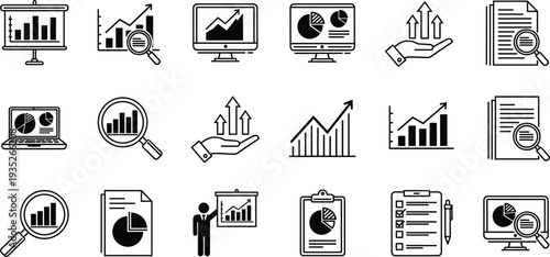 Business Analytics and Data Analysis Icon Set with Charts, Graphs, Reports and Financial Growth Symbols Vector Collection