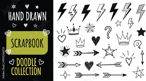 Hand drawn scrapbook doodle collection with stars, hearts, lightning bolts, and crowns, cad drawing flat vector illustration, decorative arrows and symbols