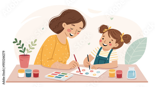 Mother and daughter enjoying creative afternoon with paints