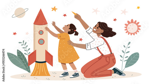 Woman and little girl launching colorful rocket into starry sky with sun and planet