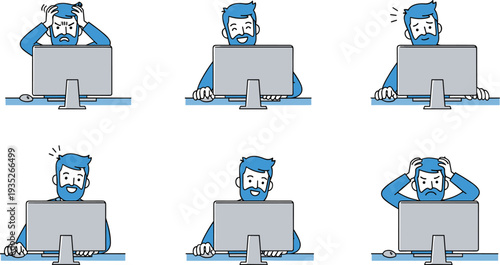 Man Working on Computer Different Emotions Cartoon Vector Set with Stress Happy Confused and Thinking Office Worker