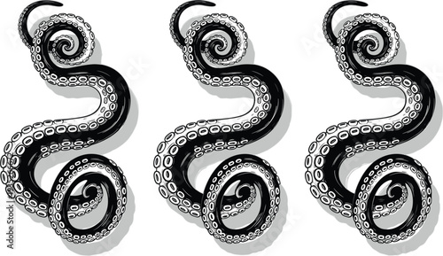 Octopus Tentacle Illustration Set Black and White Marine Sea Creature Kraken Tentacle Vector for Tattoo Design