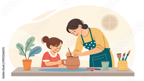 Woman and child creating art together at pottery table