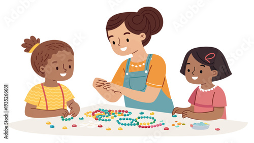 Woman and two young girls enjoying creative beading activity together