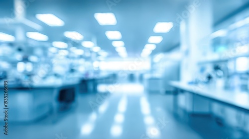 A bright, sterile, and technologically advanced laboratory environment is depicted in a soft blue, intentionally blurred background for a professional look.