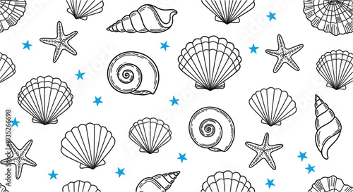 Seashell and Starfish Pattern Vector with Ocean Shell Collection Marine Beach Elements for Summer Design Background
