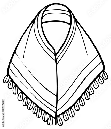 Elegant Shawl Illustration with Decorative Trim and Tassels in Simple Black and White Outline Style for Fashion Designs