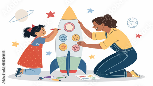 Woman and little girl decorating a colorful rocket ship with stickers