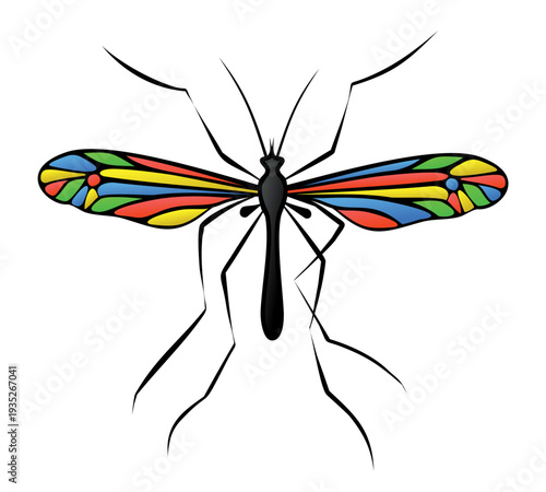 Silhouette of a mosquito with colored wings.
