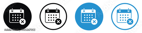 Monthly calendar with a small circular "X" badge icon. Symbol for declined meetings, canceled appointments, and unscheduling tasks. Includes black and blue variations in circle frames.