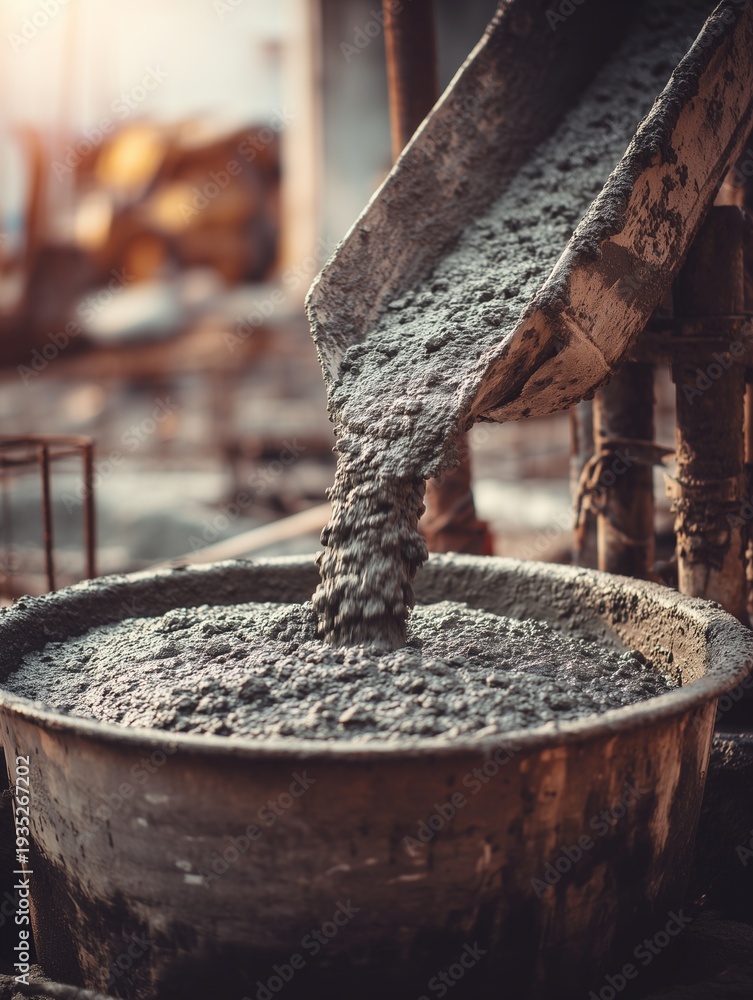 custom made wallpaper toronto digitalConcrete Pouring on Construction Site: Close-up of concrete pouring from a chute into a metal bucket at a construction site. Raw construction materials in the making.