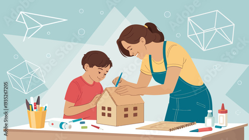 Woman and child building wooden house model together creatively