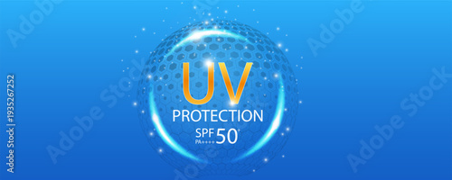 Transparent shield sphere with UV light effect on blue background. Glass dome barrier protects skin from sun rays. Abstract protection concept. Vector illustration.