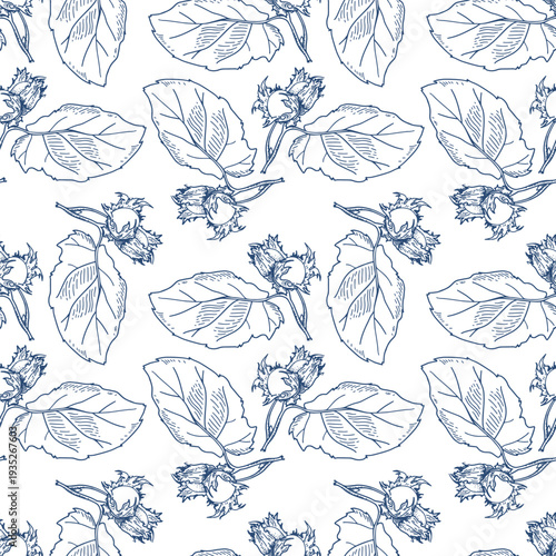 Hazelnut seamless pattern. Square vector illustration with nuts and leaves.