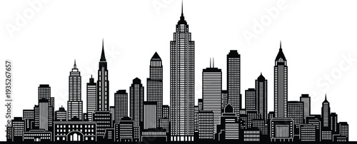 Black and white city skyline silhouette set with diverse skyscrapers and urban buildings isolated on white background for architectural design