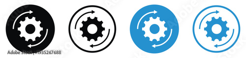 Gear with circular sync arrows icon. Represents automated processes, data synchronization, system recovery, and continuous workflow. Minimalist vector design in black and blue.
