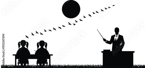 Black Silhouette Of Male Teacher Pointing At Flying Birds Near Sun While Two Students Sit At Desk In Grass Field