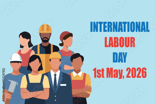 International Labour Day 2026 Illustration with Diverse Workers. Labour Day Poster Featuring Diverse Professionals. Group of Workers for the 1st May Labour Day Celebration. 