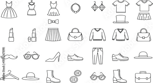 Black and white line icons set of women fashion clothing and accessories including dresses shoes jewelry and bags isolated collection
