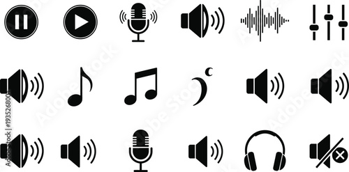 Audio and Music Control Icon Set with Play, Pause, Microphone, Speaker, Equalizer and Sound Wave Symbols Vector Collection