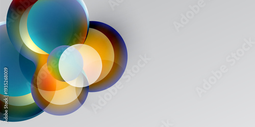 Abstract circles overlap, creating vibrant color gradients. Background transitions from black to gray. Modern design element.