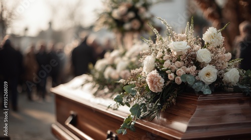 coffin with flowers on it at cemetery, crying people on the background