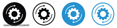 Gear with circular sync arrows icon. Represents automated processes, data synchronization, system recovery, and continuous workflow. Minimalist vector design in black and blue.