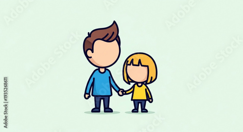 A cartoon illustration of a man and a child holding hands standing on a light green background with a warm and friendly atmosphere