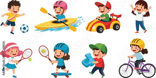Cute Cartoon Children Sports Collection Featuring Kids Playing Soccer, Kayaking, Racing Cars, Tennis, Skateboarding, Cycling, and Healthy Active Lifestyle Vector Illustration