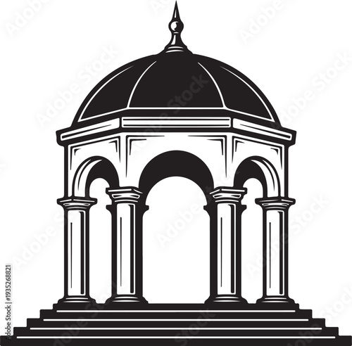 A classical style gazebo with a domed roof and pillars, presented as a monochrome vector illustration