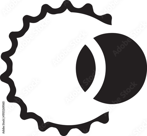 black line art of a bottle cap with a crescent moon and abstract shapes inside