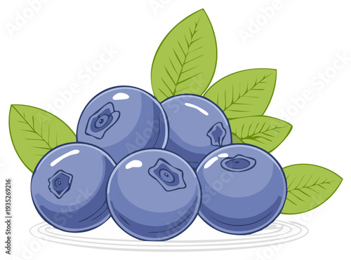 Fresh ripe blueberry pile with green leaves vector cartoon illustration