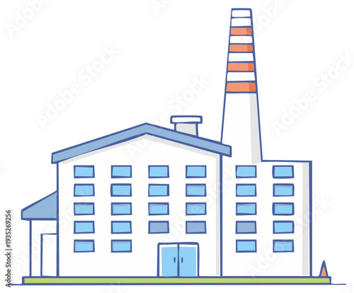 Hand drawn cartoon style industrial factory building with tall smokestack and multiple windows