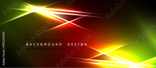 Abstract vibrant background. Diagonal lines intersect, creating dynamic light effects. Dark borders frame bright colors, yellow, orange, green.
