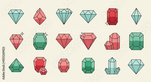 Vibrant colorful diamond and gemstone illustrations in various shapes