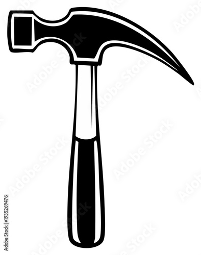 Black and white illustration of a claw hammer tool with a curved metal head and wooden handle